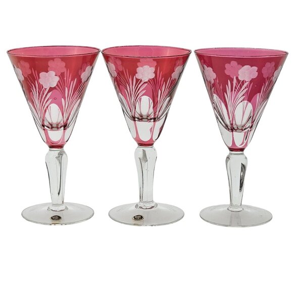 Italy Other - 6 Italian Cranberry Glass Cut to Clear Cocktail Glasses 6" Italy floral cut glas